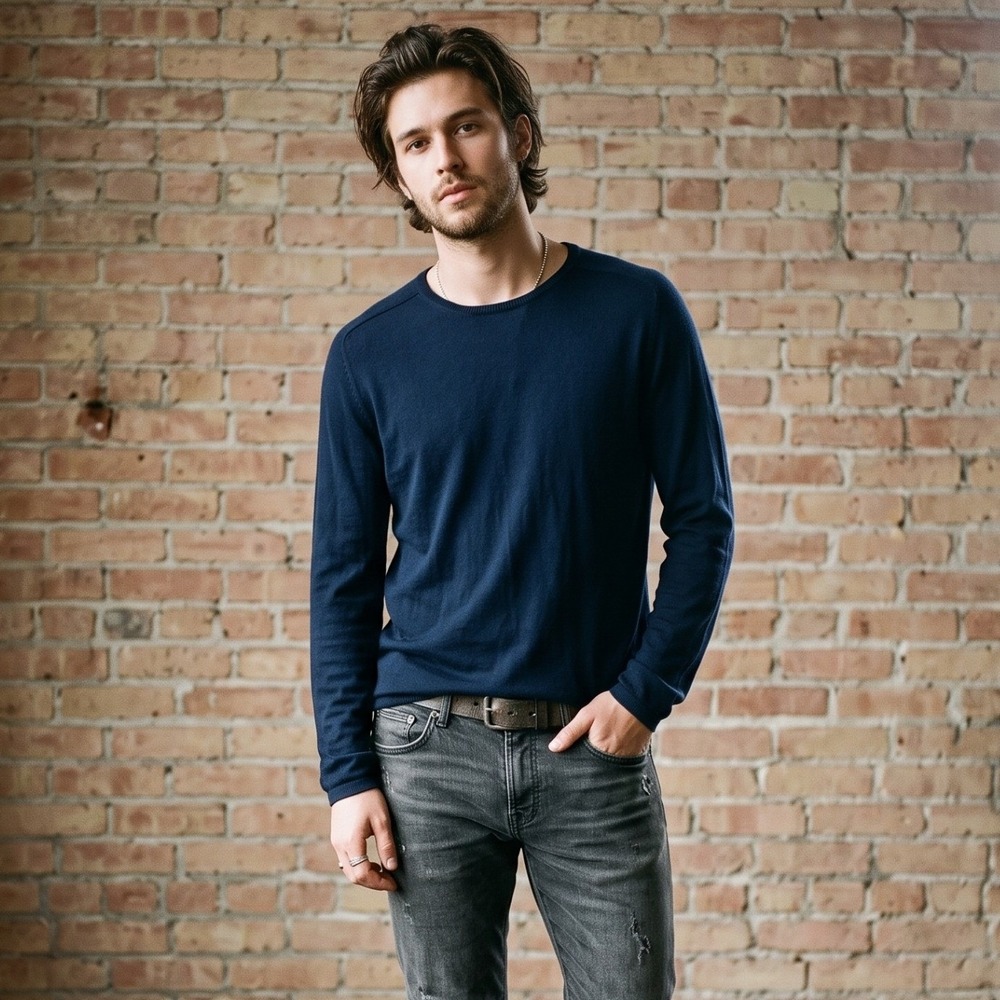 John Varvatos Mens Sweater Large Navy Blue Crewneck Organic Cotton Minimalist